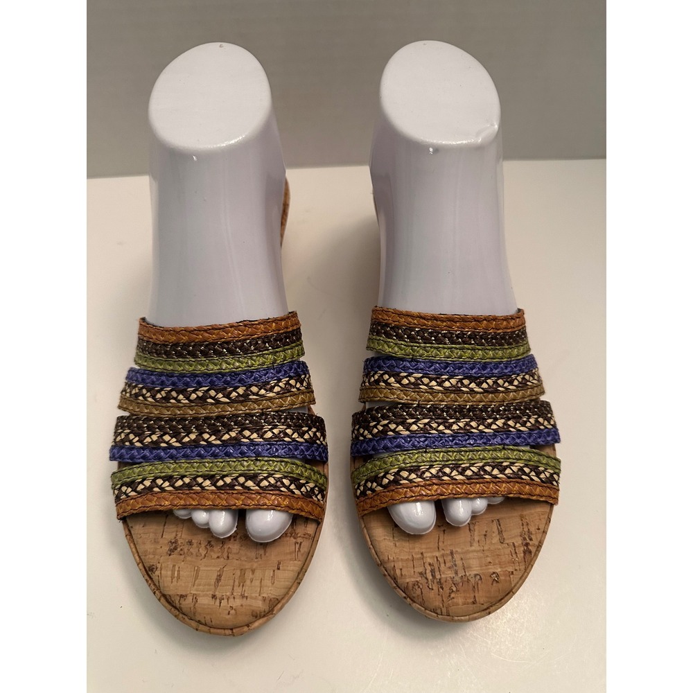 Eric Javits Multi Color Woven Cork Wedge Sandals Slides Brown Green Blue